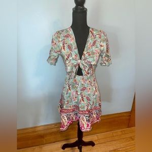 Paisley & Floral Print Tie Front Flutter Sleeve Ruffle Hem Dress